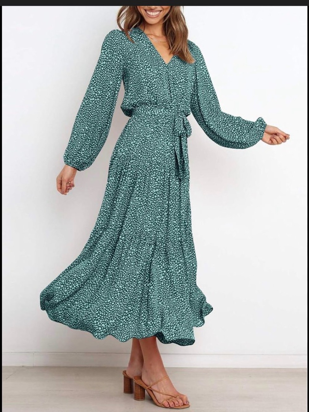 PrettyGarden Women Dark Green Polyester V Neck Long Sleeve Floral Maxi Dress S